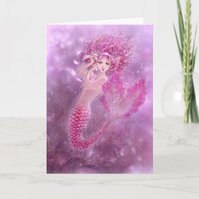 Pink Ribbon Mermaid Greeting Card (Front)