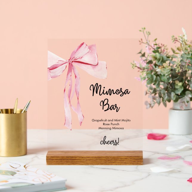 Pink Ribbon Mimosa Bar Bridal Shower Acrylic Sign (Wedding)