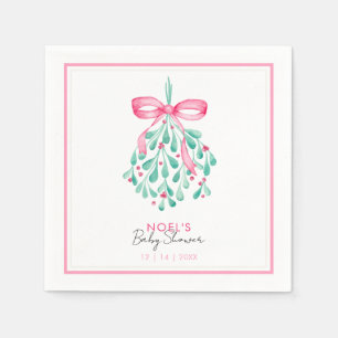 Pink Ribbon & Mistletoe Watercolor Baby Shower Napkin