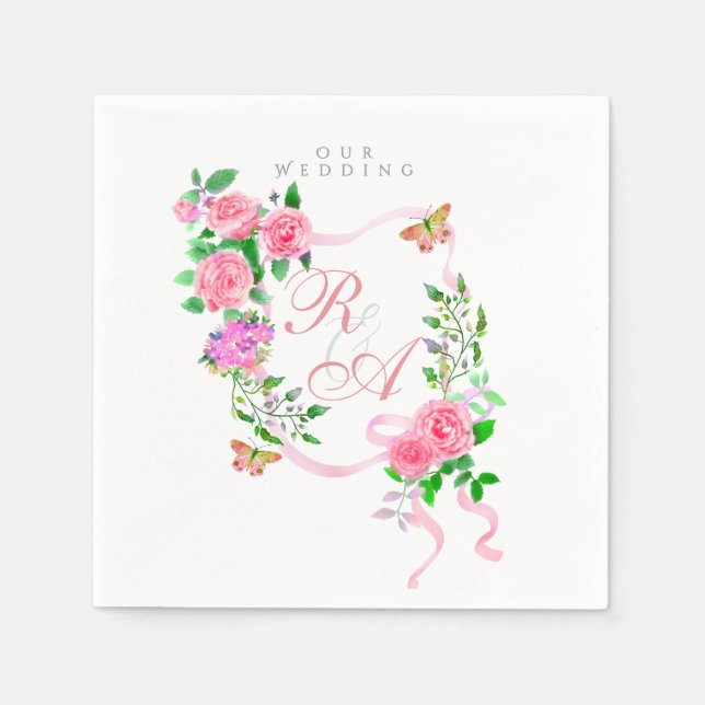 Pink  Ribbon Monogram Wedding  Napkin (Front)