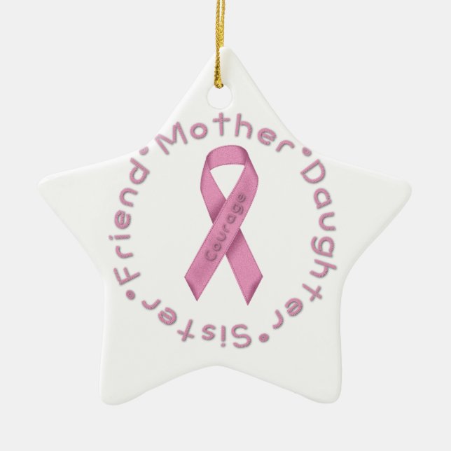 Pink Ribbon of Courage Ceramic Tree Decoration (Front)