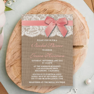 Pink Ribbon On Burlap & Lace Bridal Shower Invitation