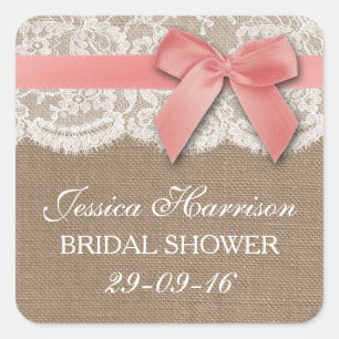 Pink Ribbon On Burlap & Lace Bridal Shower Square Sticker