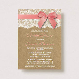 Pink Ribbon On Kraft & Lace Bridal Shower Invitation