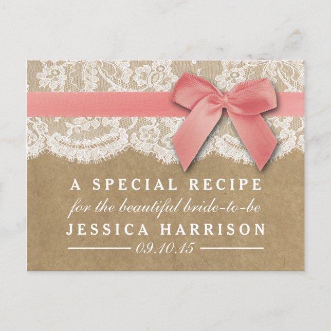 Pink Ribbon On Kraft & Lace Bridal Shower Recipe Invitation Postcard (Front)