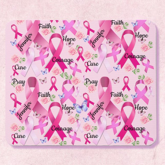 Pink Ribbon Personalise Words & Name Breast Cancer Mouse Mat (Creator Uploaded)
