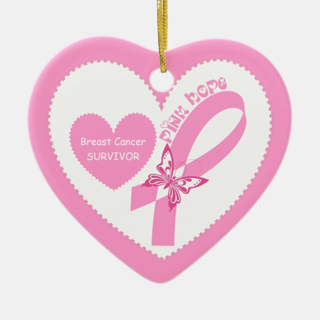 Pink Ribbon Pink Hope Breast cancer awareness Ceramic Tree Decoration (Front)