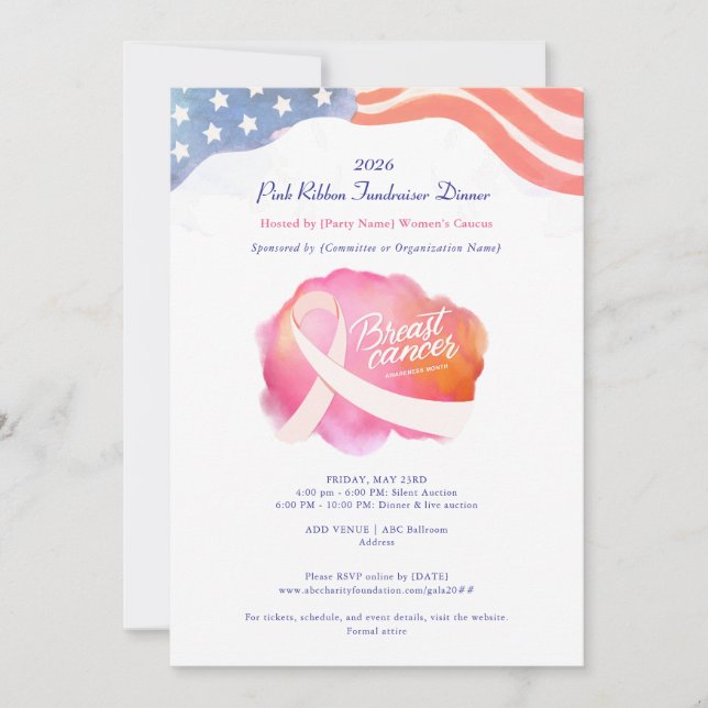 Pink Ribbon Political Cancer Awareness Fundraiser Invitation (Front)