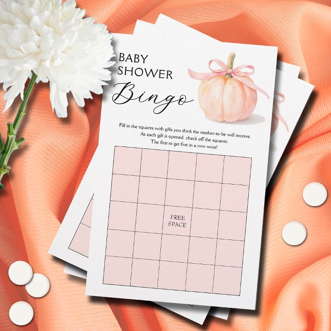 Pink Ribbon Pumpkin Baby Shower Bingo Game (Pink ribbon and bow pumpkin girl baby shower bingo game cards)