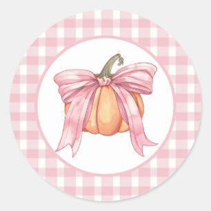 Pink Ribbon Pumpkin, Gingham Coquette Fall Classic Round Sticker