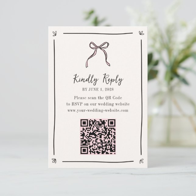 Pink Ribbon QR Code RSVP Card – Whimsical Wedding  (Standing Front)