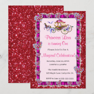 Pink Ribbon Red Glitter Royal Princess Birthday Invitation