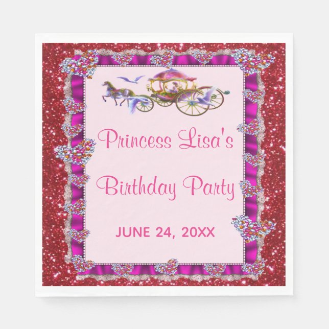 Pink Ribbon Red Glitter Royal Princess Birthday Napkin (Front)