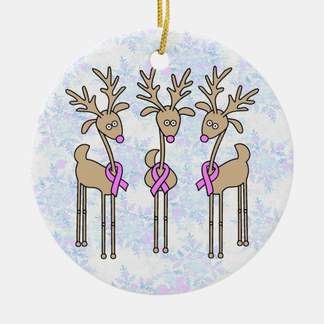 Pink Ribbon Reindeer - Breast Cancer Ceramic Tree Decoration (Front)