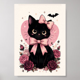 Pink Ribbon Rose Floral Black Cat Poster