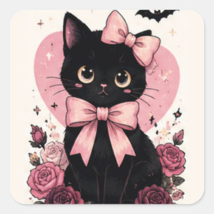 Pink Ribbon Rose Floral Black Cat Square Sticker