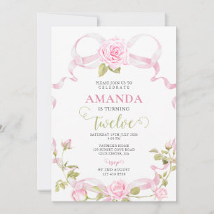 Pink Ribbon Roses Sweet 12th Birthday Invitation