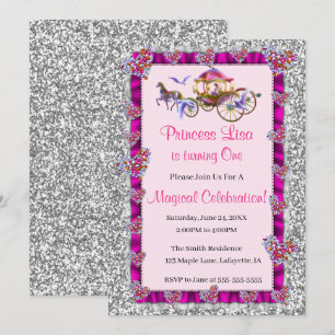 Pink Ribbon Silver Glitter Royal Princess Birthday Invitation