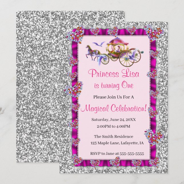 Pink Ribbon Silver Glitter Royal Princess Birthday Invitation (Front/Back)