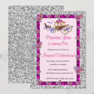 Pink Ribbon Silver Glitter Royal Princess Birthday Invitation