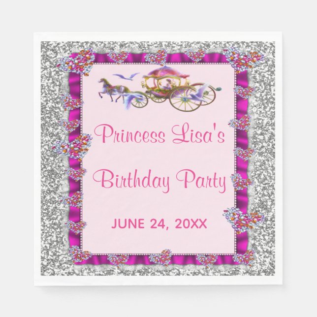 Pink Ribbon Silver Glitter Royal Princess Birthday Napkin (Front)