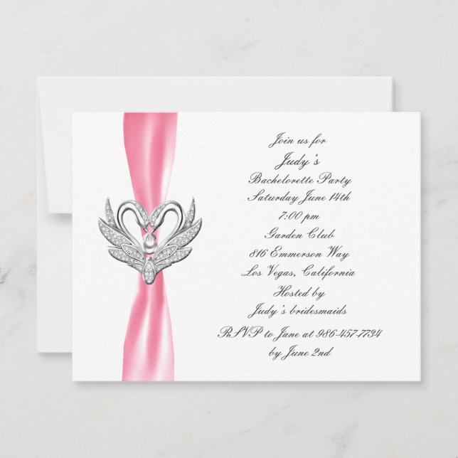 Pink Ribbon Silver Swans Bachelorette Party Invite (Front)