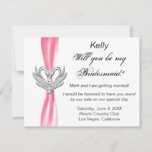 Pink Ribbon Silver Swans Bridesmaid Card