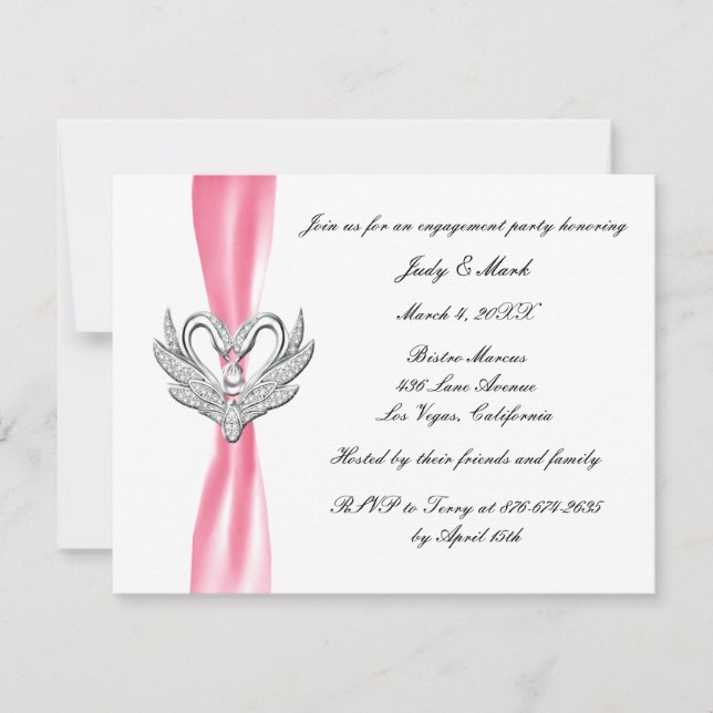 Pink Ribbon Silver Swans Engagement Party Invite (Front)