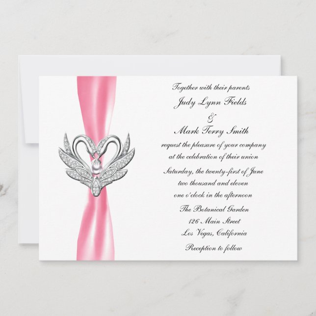 Pink Ribbon Silver Swans Invitation (Front)