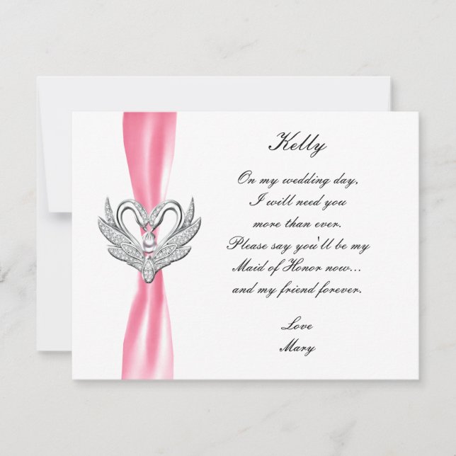 Pink Ribbon Silver Swans Maid Of Honour Card (Front)
