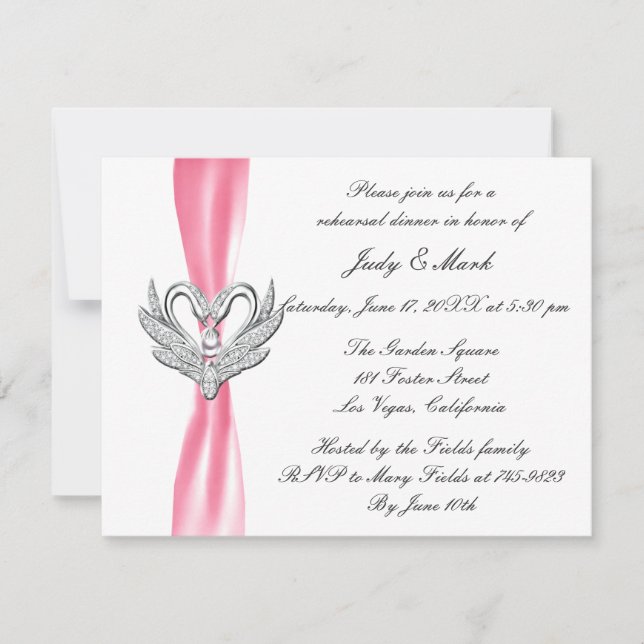 Pink Ribbon Silver Swans Rehearsal Dinner Invite (Front)