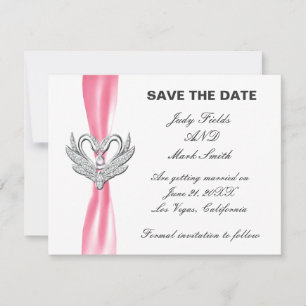 Pink Ribbon Silver Swans Save The Date Card