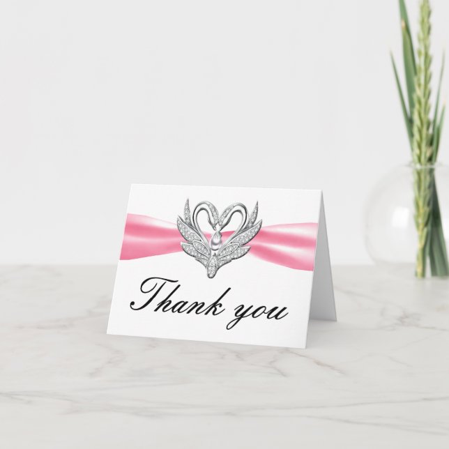 Pink Ribbon Silver Swans Thank You Card (Front)