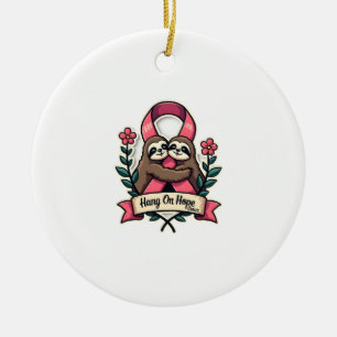 Pink Ribbon Sloth Support Vintage Awareness Art Ceramic Tree Decoration