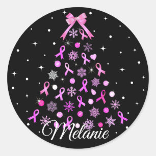 Pink Ribbon Snowflake Christmas Tree Classic Round Sticker