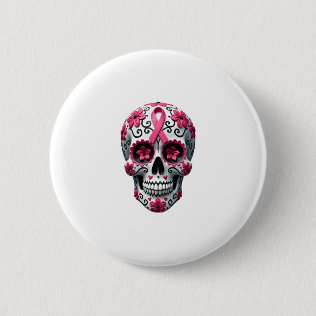 Pink Ribbon Sugar Skull Calavera Breast Cancer Awa 6 Cm Round Badge (Front)