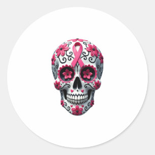Pink Ribbon Sugar Skull Calavera Breast Cancer Awa Classic Round Sticker