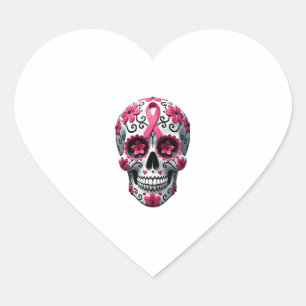Pink Ribbon Sugar Skull Calavera Breast Cancer Awa Heart Sticker