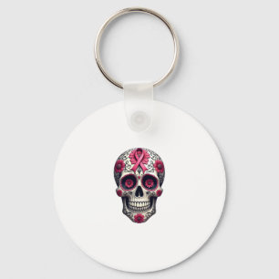 Pink Ribbon Sugar Skull Calavera Breast Cancer Awa Key Ring