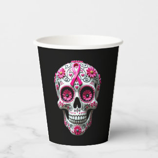 Pink Ribbon Sugar Skull Calavera Breast Cancer Awa Paper Cups