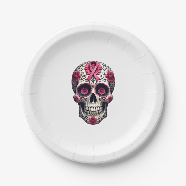 Pink Ribbon Sugar Skull Calavera Breast Cancer Awa Paper Plate (Front)