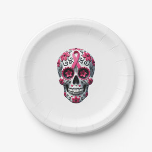 Pink Ribbon Sugar Skull Calavera Breast Cancer Awa Paper Plate