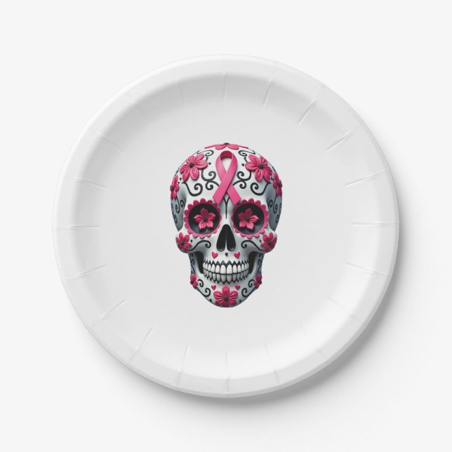 Pink Ribbon Sugar Skull Calavera Breast Cancer Awa Paper Plate (Front)