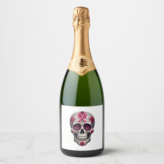 Pink Ribbon Sugar Skull Calavera Breast Cancer Awa Sparkling Wine Label (Front)