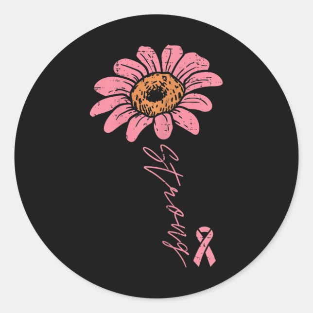 Pink Ribbon Sunflower Strong Breast Cancer Awarene Classic Round Sticker (Front)