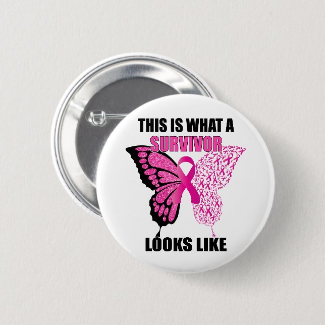 Pink Ribbon Survivor Butterfly Breast Cancer 6 Cm Round Badge (Front & Back)