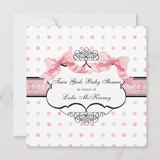 Pink Ribbon Twin Girls French Bow Dot Swirl  Invitation (Front)