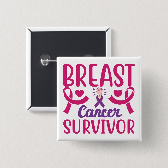 Pink Ribbon Warrior Chemo Breast Cancer Survivor 15 Cm Square Badge (Front & Back)