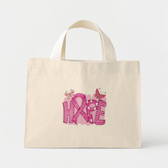 Pink Ribbon Warrior Survivor Fighter Breast Cancer Mini Tote Bag (Front)
