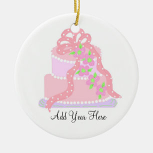 Pink Ribbon Wedding Cake Ceramic Tree Decoration